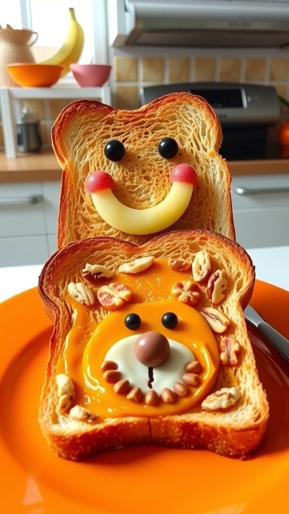 Creative 3D toast art with fruit and spreads, showcasing fun designs on toasted bread.